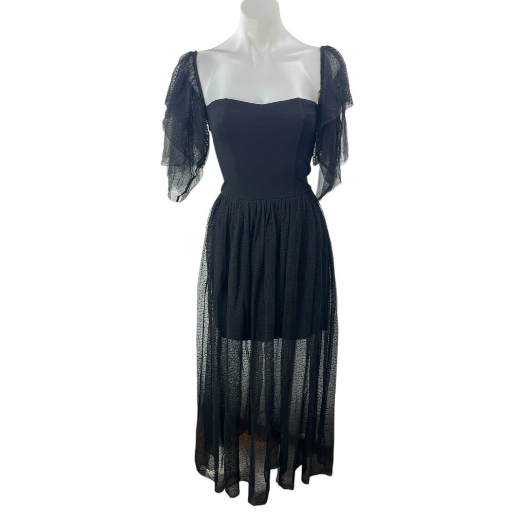 French Connection Black Flutter Sleeve Sweetheart Mesh A Line Midi Dress Size 4